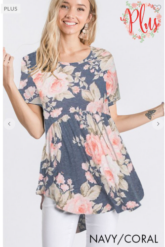 304 PLUS FLORAL PRINT BABYDOLL TOP ST1518-39 navy/coral