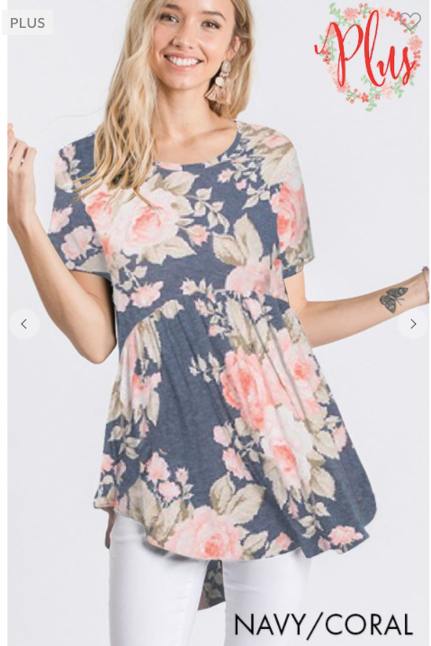 304 PLUS FLORAL PRINT BABYDOLL TOP ST1518-39 navy/coral