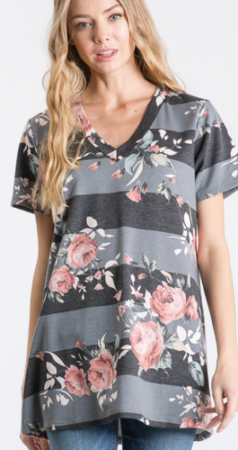 314 ST1519-33 RTS SLEEVE V NECK STRIPE AND FLORAL PRINT TOP MADE IN USA