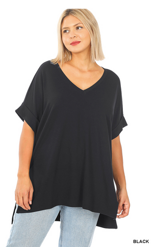 221 PLUS ROLLED SHORT SLEEVE SIDE SLIT HI-LOW HEM TOP StyleNo: #RT-1629XBA black