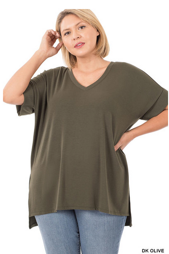 306 PLUS ROLLED SHORT SLEEVE SIDE SLIT HI-LOW HEM TOP StyleNo: #RT-1629XBA dark olive