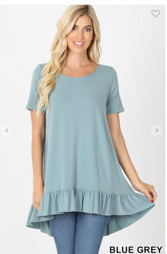 237 RT-1834AB Short Sleeve Ruffle Hem Hi-low Top