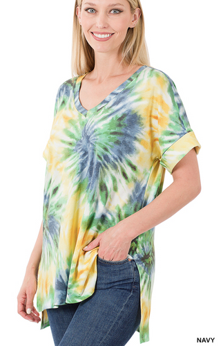 100 TIE DYE ROLLED SHORT SLV SIDE SLIT HI-LOW HEM TOP StyleNo: #RT-855