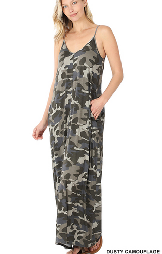 100 CAMOUFLAGE CAMI MAXI DRESS WITH POCKET StyleNo: #RD-43011_COLORALIEN
