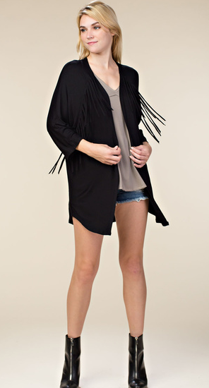 100 16645LC FRINGE CARDIGAN W/ PRINT STONE