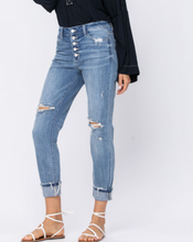 Load image into Gallery viewer, 536 Judy Blues  HI-RISE BUTTON FLY DESTROYED BOYFRIENDRISE: 10.5&quot; INSEAM: 26.5 CUFFED / 29&quot; UNCUFFED