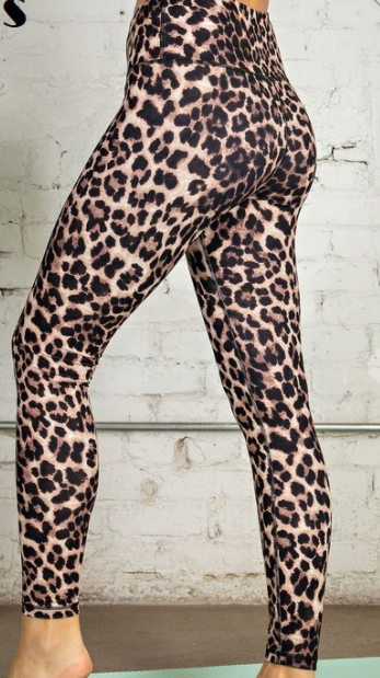 324  BROWN P6025 Animal Print Full Length Wide Waist Band Leggings with Yoga Stitch and Key Pocket