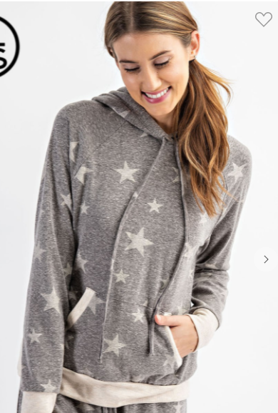 316 Star Printed Tri Blend Long Sleeves Hoodie Top With Kangaroo Pocket. T9423