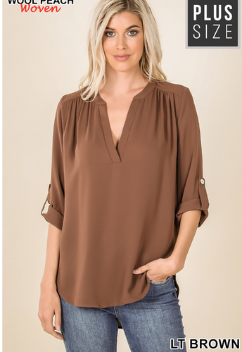 097 LT BROWN  WOVEN HENLEY BLOUSE SPLIT NECK StyleNo: #QT-2616XP