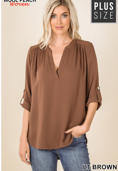 097 LT BROWN  WOVEN HENLEY BLOUSE SPLIT NECK StyleNo: #QT-2616XP