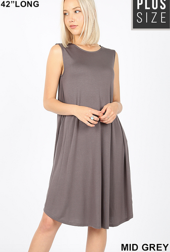 324 PLUS VISCOSE SLEEVELESS ROUND NECK KNEE LENGTH DRESS StyleNo: #VD-7000X MID GRAY