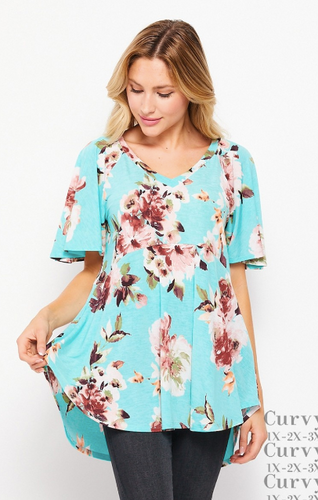 324 AQUA/MAUVE SHORT SLV FLORAL TOP HONEYME T10620-8211X