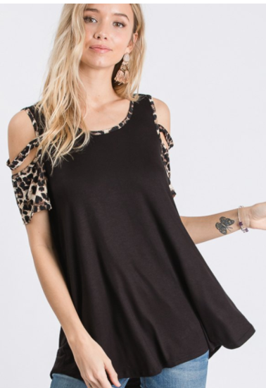 312 SHORT SLEEVE COLD SHOULDER ROUND NECK SOLID AND ANIMAL LEOPARD PRINT CONTRAST TOP St1541S