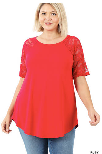 LACE DETAIL SHORT SLEEVE ROUND NECK & HEM TOP StyleNo: LT-6330XBA ruby