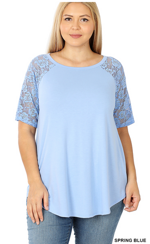 307 LACE DETAIL SHORT SLEEVE ROUND NECK & HEM TOP StyleNo: LT-6330XBA SPRING BLUE
