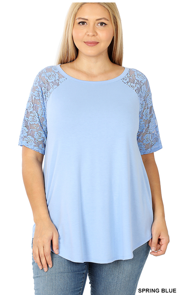 307 LACE DETAIL SHORT SLEEVE ROUND NECK & HEM TOP StyleNo: LT-6330XBA SPRING BLUE