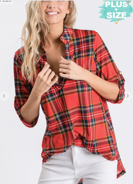 209 THREE QUARTER ROLL UP BUTTON SLEEVE PLAID PRINT COLLAR TOP ST1002-23