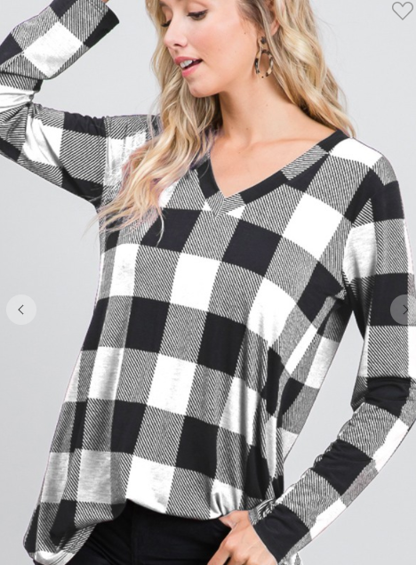 142 LONG SLEEVE V NECK PLAID PRINT TOP ST1447-18 RTS