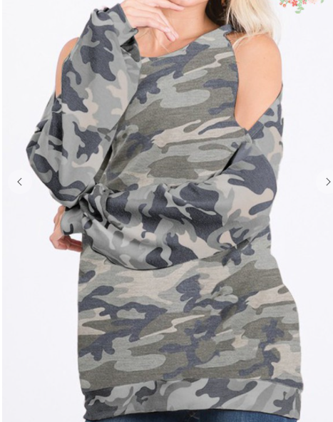 136 LONG SLEEVE COLD SHOULDER ROUND NECK CAMO PRINT TOP ET5073-11