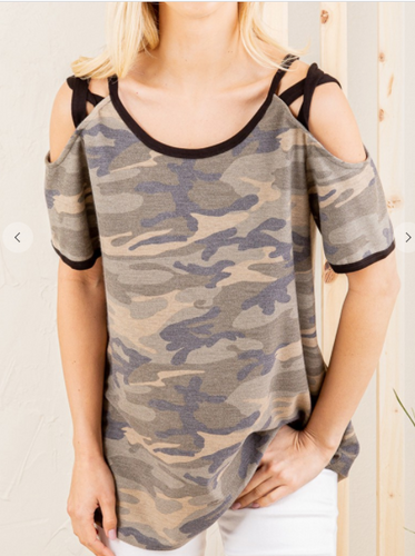 169 SHORT SLEEVE CRISSCROSS COLD SHOULDER ROUND NECK CAMO PRINT TOP ET6234-15