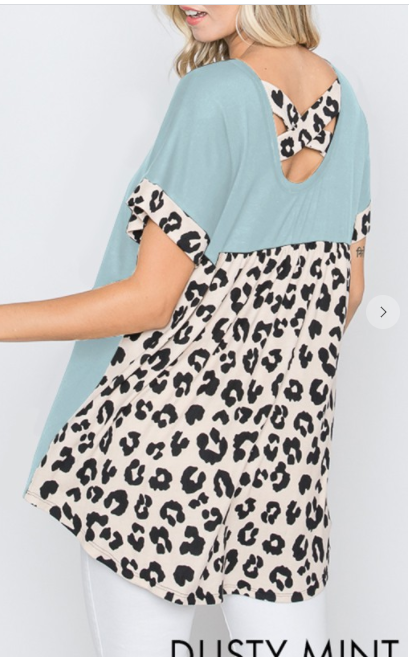 150 SHORT SLEEVE ROUND NECK SOLID AND ANIMAL PRINT CONTRAST TOP WITH CRISSCROSS BACK DETAIL ST1921-10 RTS