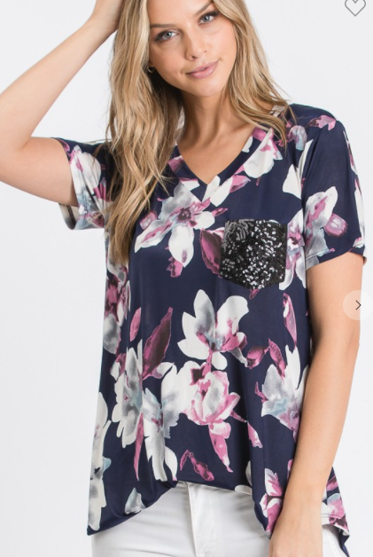 169 FLORAL TOP WITH BLACK SEQUINS POCKET ST1567-23 RTS.