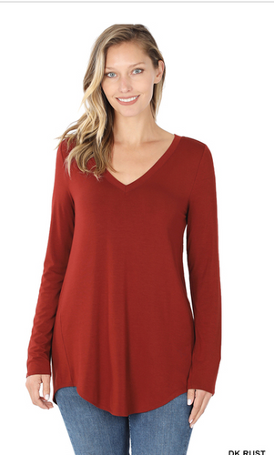 125 dr rust  LUXE RAYON LONG SLEEVE V-NECK DOLPHIN HEM TOP StyleNo: #AT-5543_COLORALIEN
