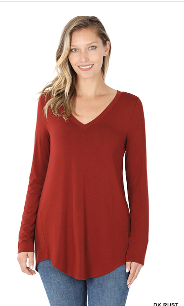 125 dr rust  LUXE RAYON LONG SLEEVE V-NECK DOLPHIN HEM TOP StyleNo: #AT-5543_COLORALIEN