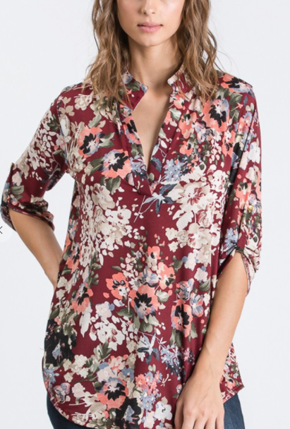 308 ROLL UP SLEEVE COLLAR FLORAL TOP ST1002-29