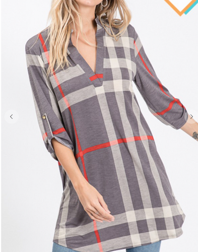 099 PLUS MANDARIN COLLAR PLAID TUNIC TOP ST1454-10 CHARCOAL