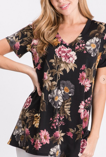 100 V NECK FLORAL TOP ST1519-100 BLACK