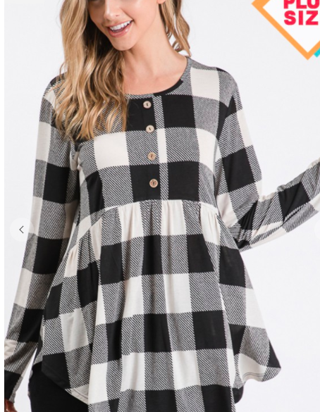 222 PLUS PLAID PRINT BABYDOLL TOP WITH BUTTON ST1498-10