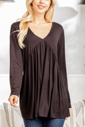 - 220 LONG SLEEVE V NECK SOLID TOP WITH RUFFLED DETAIL PLUS SIZE