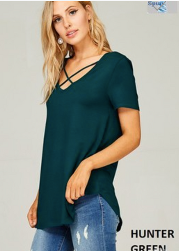207 HUNTER GREEN MICRO MODAL JERSEY CRISSCROSS V NECK S/S TOP  92%RAYON, 8%SPANDEX  SIZE & FIT - Length: Front 27