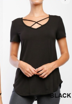 218 BLACK MICRO MODAL JERSEY CRISSCROSS V NECK S/S TOP  92%RAYON, 8%SPANDEX  SIZE & FIT - Length: Front 27