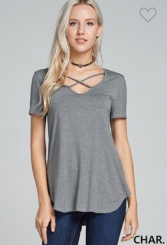 204CHARCOAL MICRO MODAL JERSEY CRISSCROSS V NECK S/S TOP  92%RAYON, 8%SPANDEX  SIZE & FIT - Length: Front 27