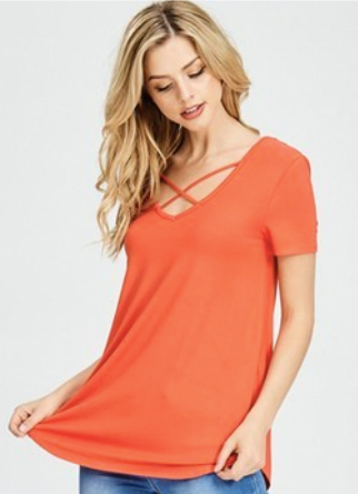 099 DARK RUST MICRO MODAL JERSEY CRISSCROSS V NECK S/S TOP  92%RAYON, 8%SPANDEX  SIZE & FIT - Length: Front 27