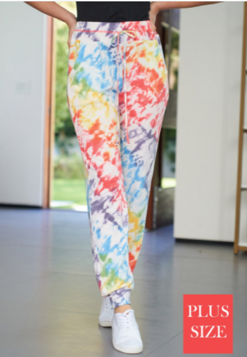 107 A mid-rise tie-dye knit fitted jogger with an elastic waistband featuring side pockets and a non-functional drawstring. Fabric is a lightweight french terry knit p70758a2p