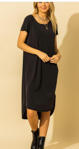 229 BLACK DROP SHOULDER CURVED RAW EDGE HEM DRESS DZ22A013