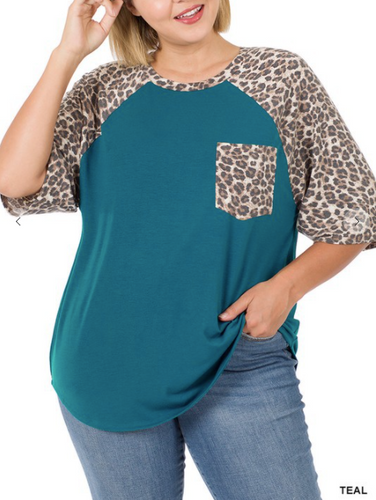 126 PLUS LEOPARD RAGLAN SLEEVE PATCH POCKET TOP  Z3-RPT-8140XPL