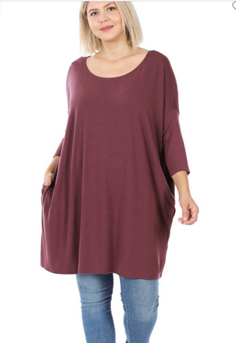 3/4 SLEEVE ROUND NECK PLEATED TOP RT-1764AB EGGPLANT