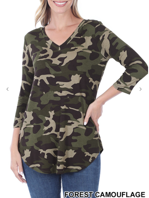 126 CAMOUFLAGE PRINT V-NECK ROUND HEM TOP RT-1816AB FOREST CAMO