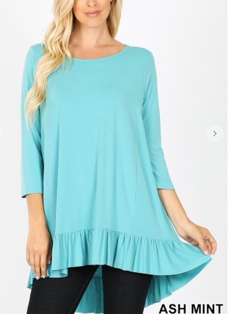 245 3/4 SLEEVE RUFFLE BOTTOM HI-LOW HEM TOP RT-1835AB ASH MINT