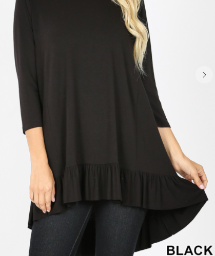 212 3/4 SLEEVE RUFFLE BOTTOM HI-LOW HEM TOP RT-1835AB BLACK