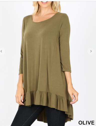 104 3/4 SLEEVE RUFFLE BOTTOM HI-LOW HEM TOP RT-1835AB OLIVE