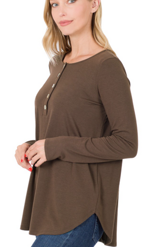 212 LONG SLEEVE DOLPHIN HEM SHELL BUTTON TOP RT-1754 AMERICANO