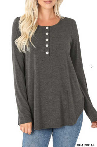 150 LONG SLEEVE DOLPHIN HEM SHELL BUTTON TOP RT-1754  CHARCOAL