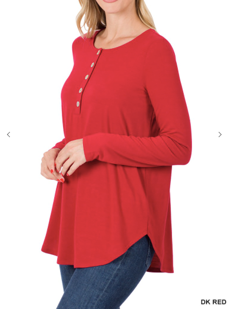 LONG SLEEVE DOLPHIN HEM SHELL BUTTON TOP RT-1754    DR RED