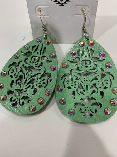 Green Wood earrings with bling