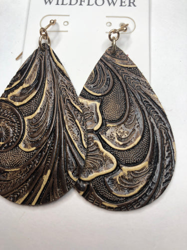 Brown tooled teardrop earrings